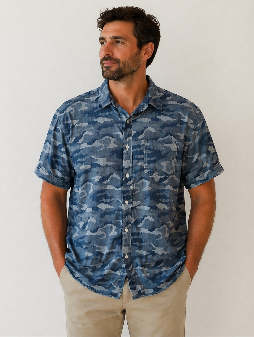 Banana Republic Blue Camo Print Camden Fit Button-Down Shirt Size XL
